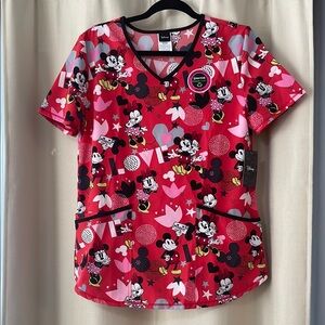 Disney Red and Black Mickey Mouse Short Sleeve Scrubs Top